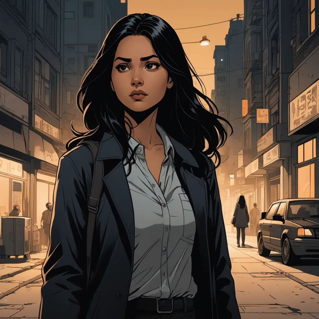 a woman in a black jacket is standing on a city street at night with a car parked on the side of the street, serial art, a comic book panel, Cedric Peyravernay, comic cover art