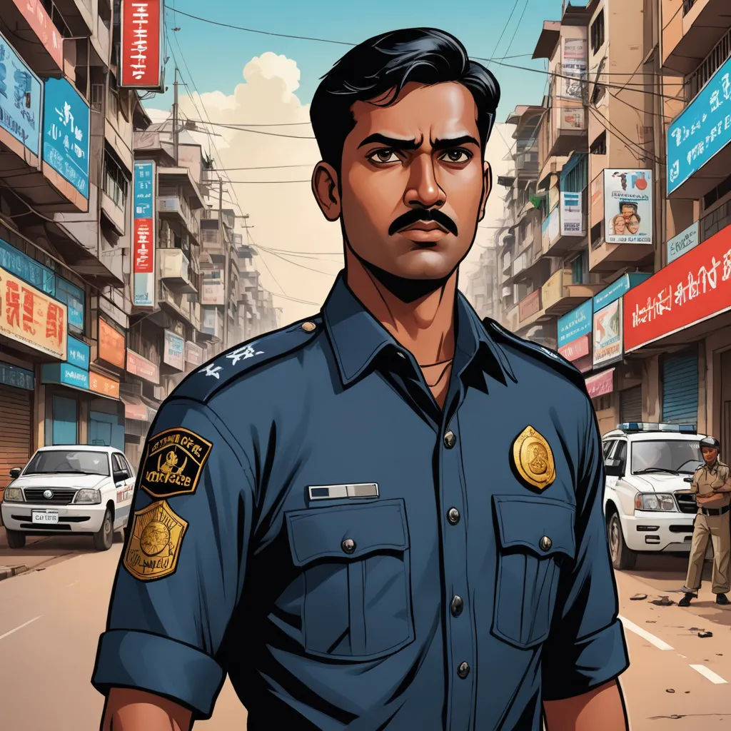 a man in a police uniform standing in the street in front of a building with a sign that says police, samikshavad, a character portrait, Bhupen Khakhar, character portrait