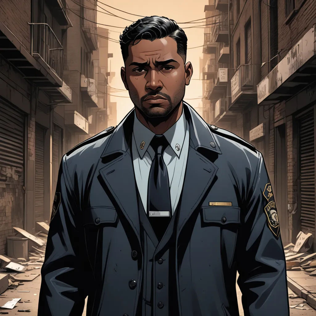 a man in a suit and tie standing in a street with buildings in the background and a broken street, serial art, a character portrait, Eddie Mendoza, official art