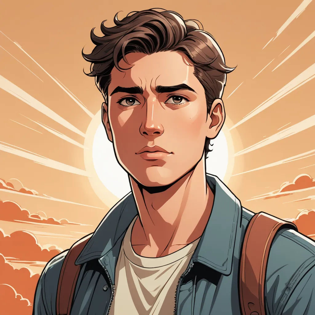 a man with a backpack on his shoulder looking at the camera with a sunset in the background and clouds in the sky, sots art, a character portrait, Evan Charlton, comic cover art