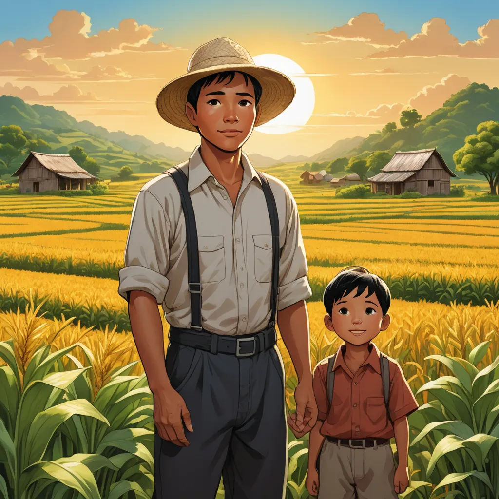 a man and a boy standing in a field of crops with a sunset in the background and a farm, serial art, a storybook illustration, Akira Toriyama, official art