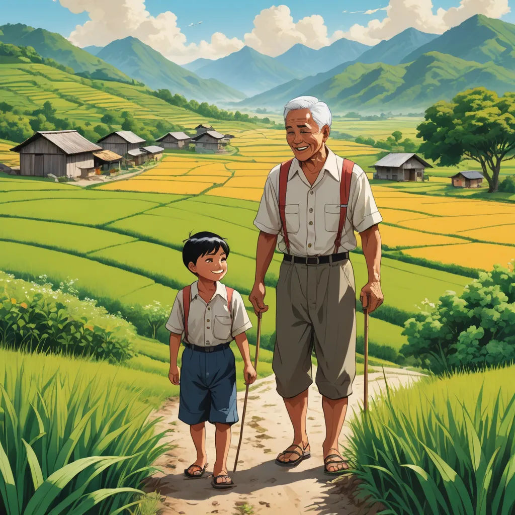a man and a boy walking down a dirt road in a rural area with a green field and mountains in the background, precisionism, a storybook illustration, Akira Toriyama, official art