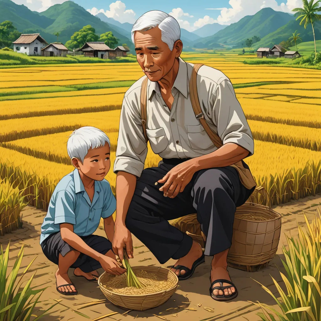 a man and a boy are in a rice field with a basket of rice in front of them and a house in the background, precisionism, a storybook illustration, Dai Xi, official art