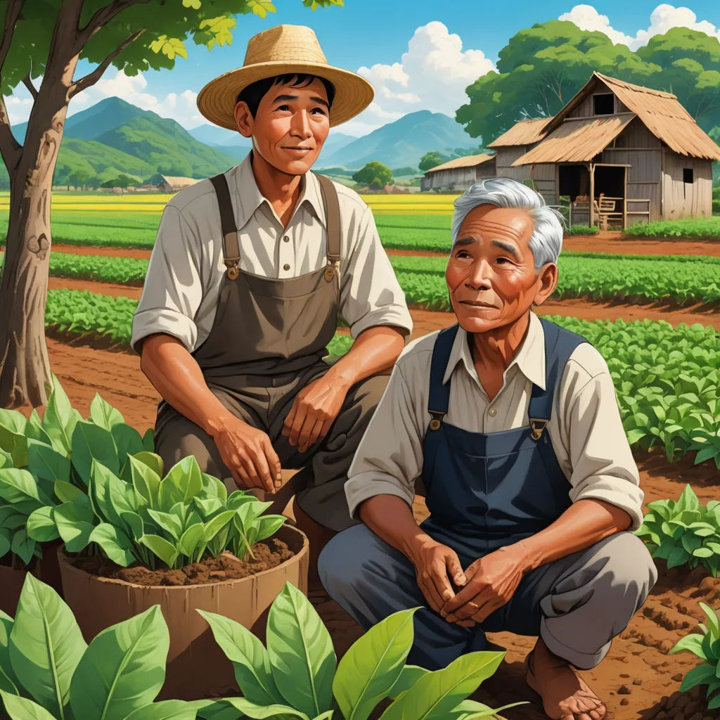 a painting of two men in a field with a tree and a house in the background, with a green field and a tree, socialist realism, a storybook illustration, Choi Buk, official art