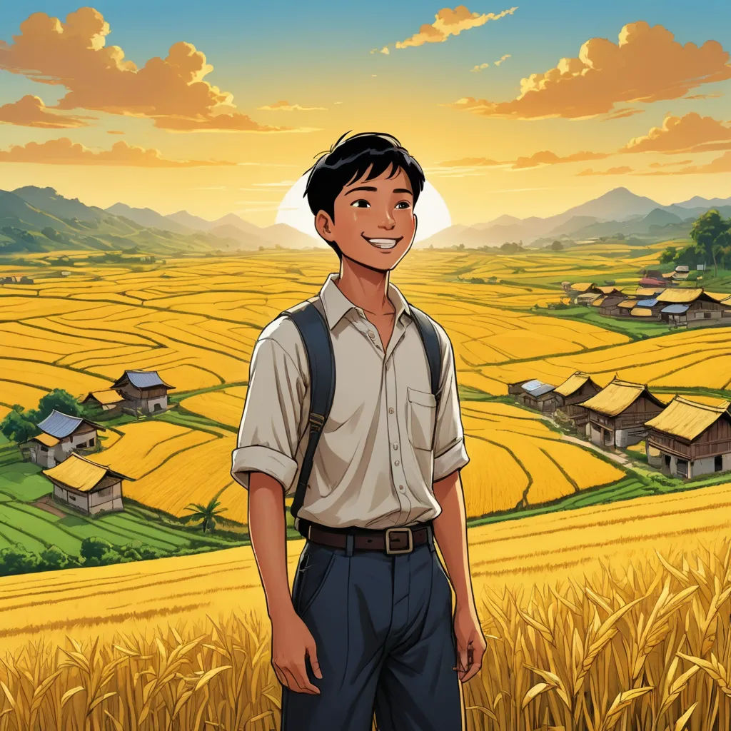 a cartoon of a man standing in a field of wheat with a village in the background and a sunset, color field, a storybook illustration, Chang Dai-chien, official art