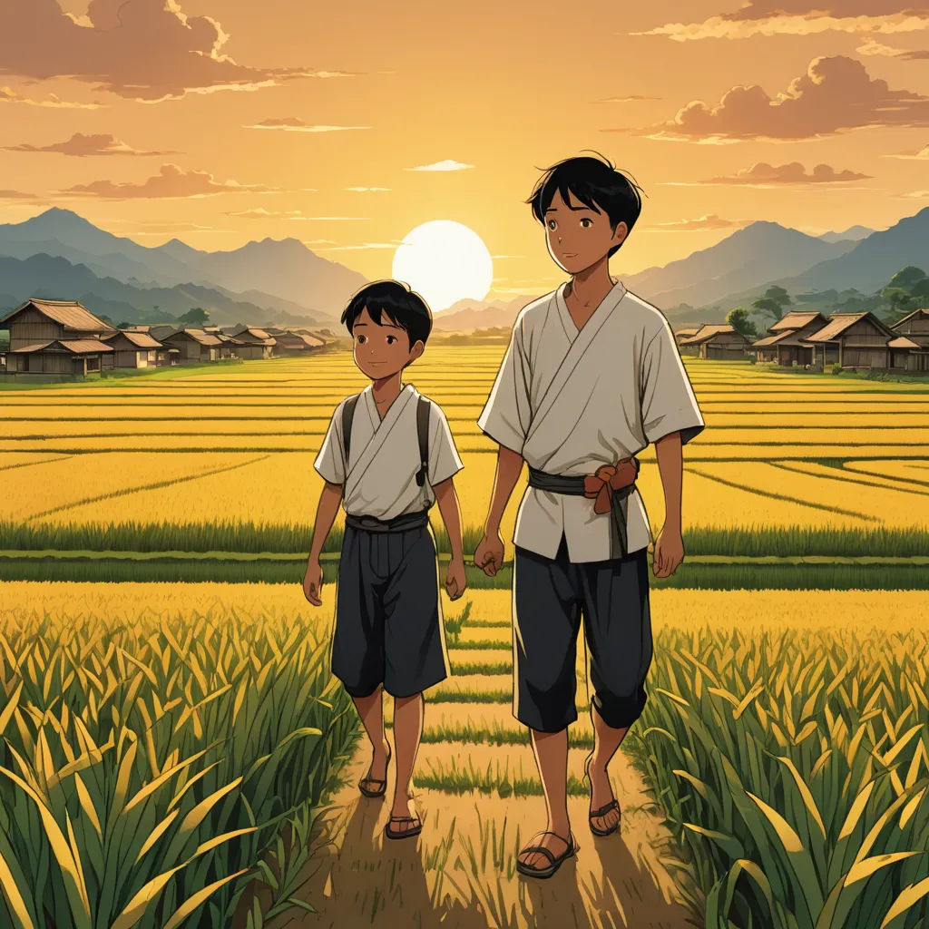 a boy and a boy are standing in a field of grass with a sunset in the background and a village in the distance, dau-al-set, poster art, Brothers Hildebrandt, official art