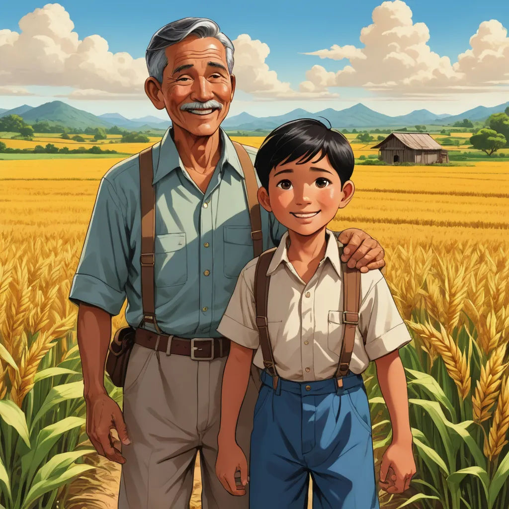 a man and a boy standing in a field of wheat with a farm in the background and a sky with clouds, precisionism, a storybook illustration, Fernando Amorsolo, official art