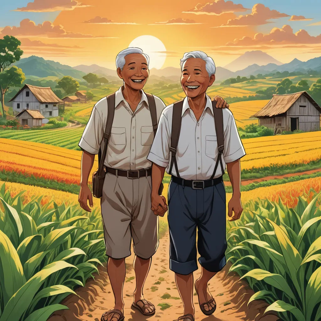 two men standing in a field with a sunset in the background and a farm in the foreground with a house in the background, fantastic realism, a storybook illustration, Brothers Hildebrandt, official art
