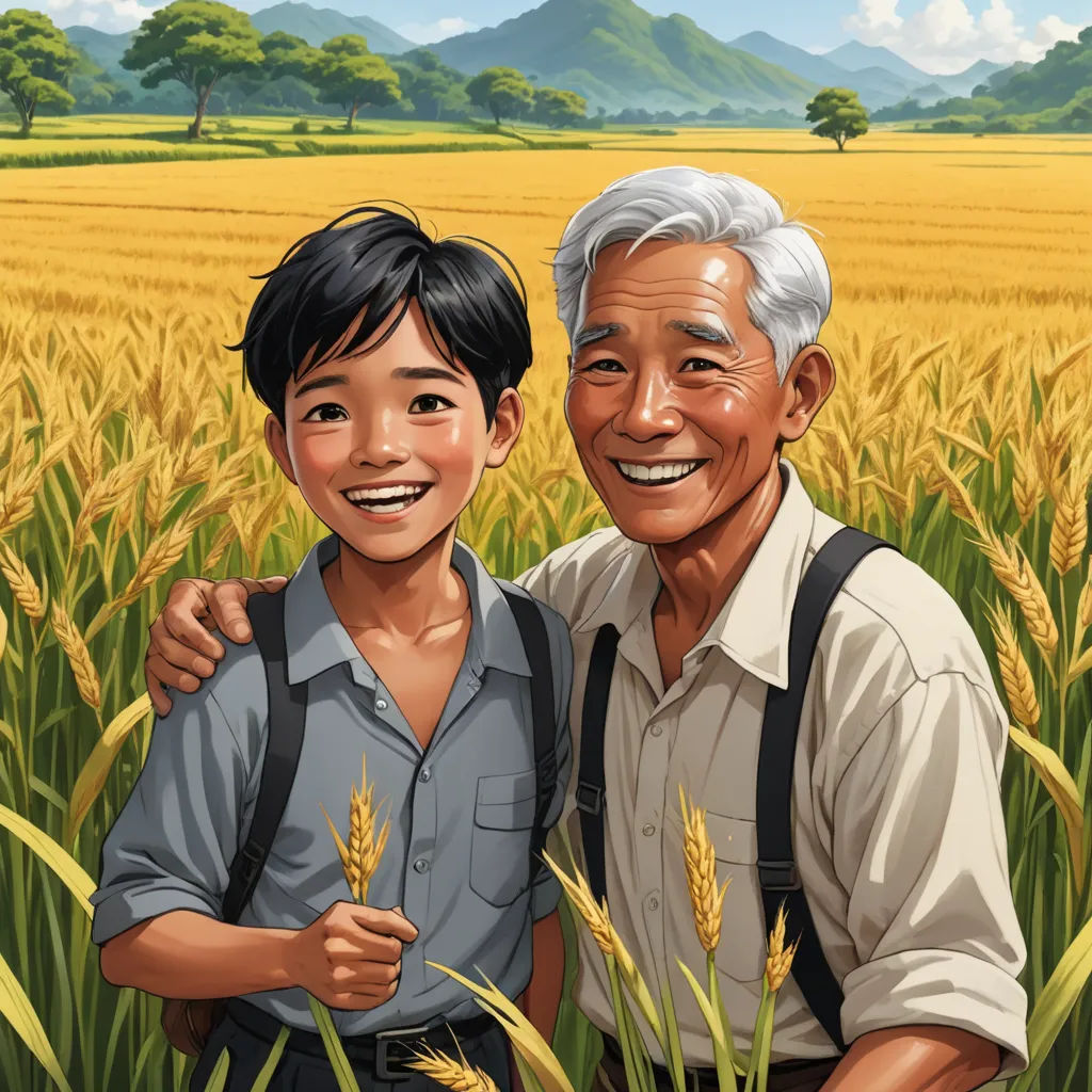 a painting of a man and a boy in a field of wheat with mountains in the background and trees, precisionism, a storybook illustration, Brothers Hildebrandt, official art