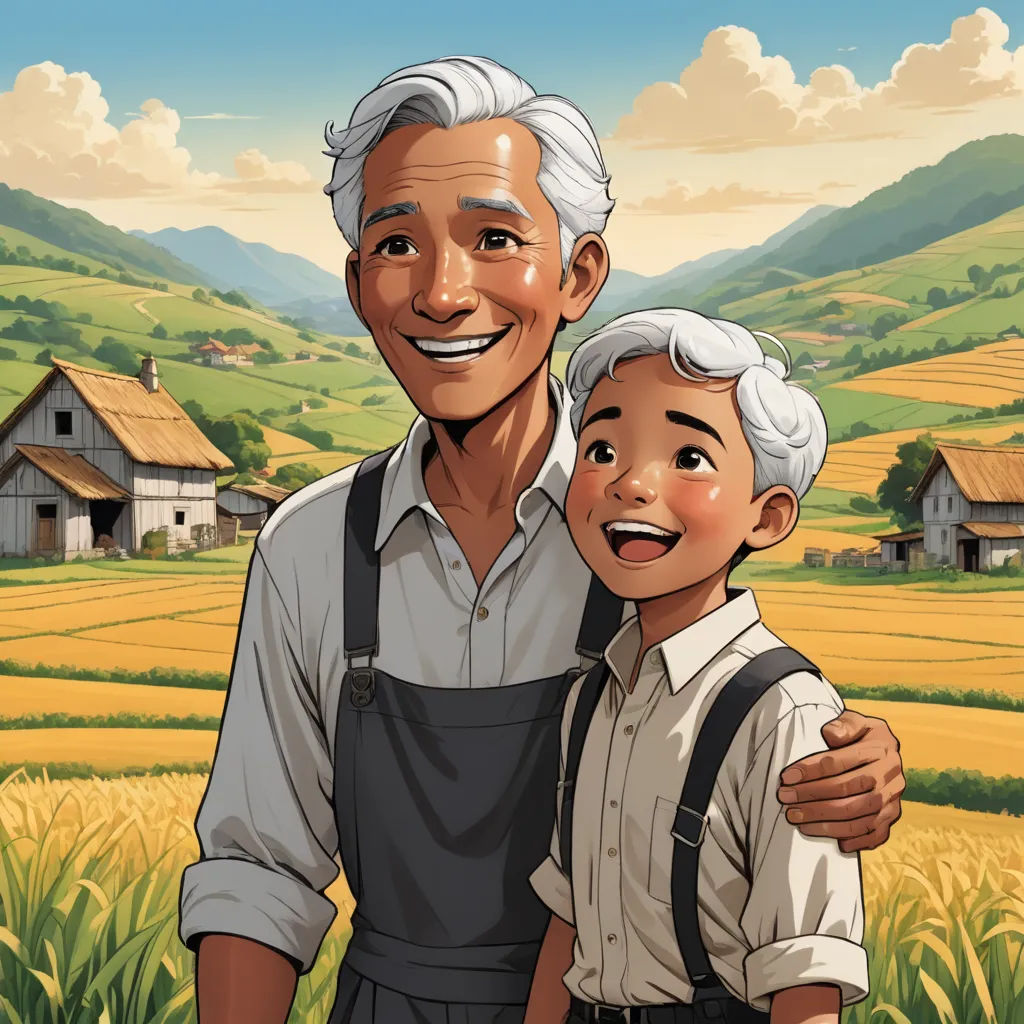 a man and a boy are standing in a field with a farm in the background and a house in the background, socialist realism, a storybook illustration, Brothers Hildebrandt, official art