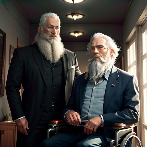 two men in suits and beards standing next to each other in a hallway with a wheelchair in front of them