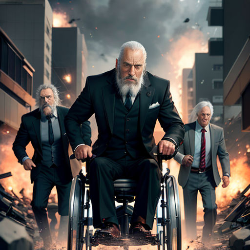 a man in a wheelchair with two men in suits behind him and a city street in the background with buildings and smoke