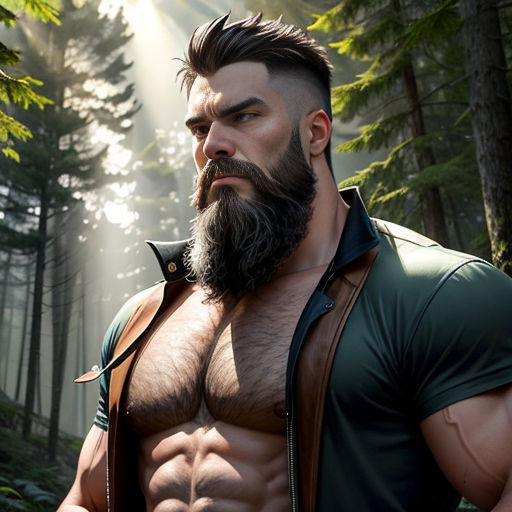 a man with a beard and a beard standing in the woods with his shirt open and a leather vest on