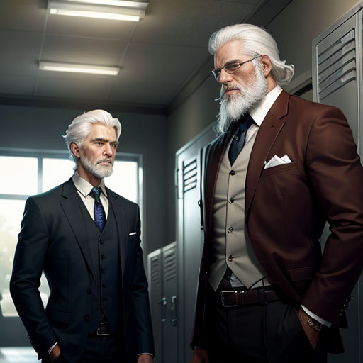 two men in suits standing in a hallway next to lockers with doors open and one man with a white beard
