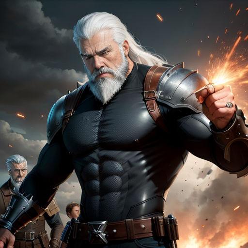 a man with a beard and a beard holding a sword in front of a group of people in a dark sky