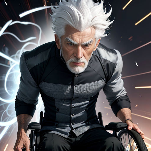 a man in a wheelchair with a white hair and beard in a futuristic space setting with a star trek background