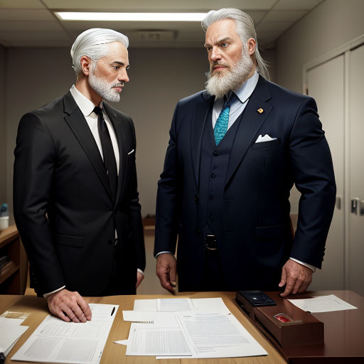 two men in suits standing next to each other in front of a desk with papers on it and a phone