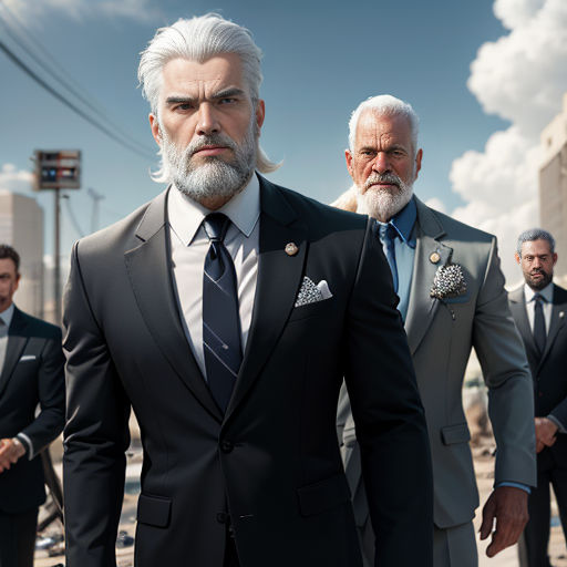 a group of men in suits and ties standing next to each other in a city street with a sky background