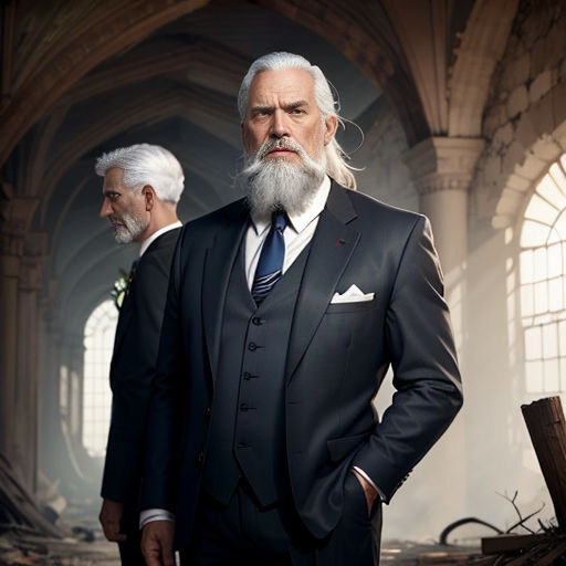 a man with a long white beard and a suit standing next to another man in a building with a window