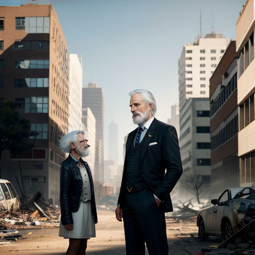 a man and a woman standing in a city street with a car in the background and a building in the foreground