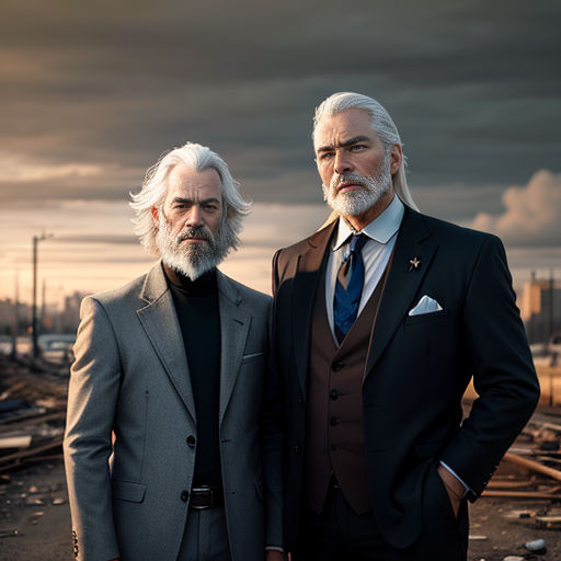 two men in suits standing next to each other on a train track with a cloudy sky in the background