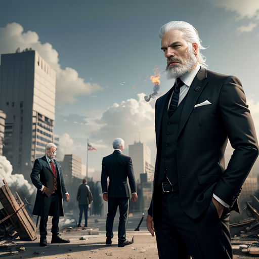 a group of men standing in front of a building with smoke coming out of it and a man in a suit