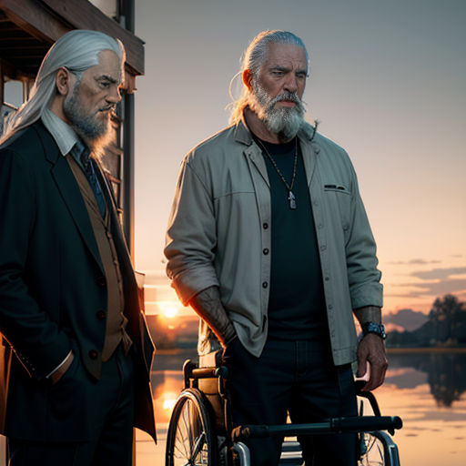 two men standing next to each other near a body of water at sunset with a man in a wheel chair