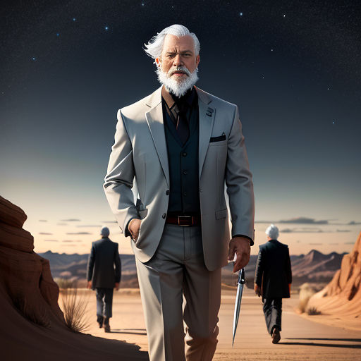 a man with a beard and a white beard is walking in the desert with two other men in the background