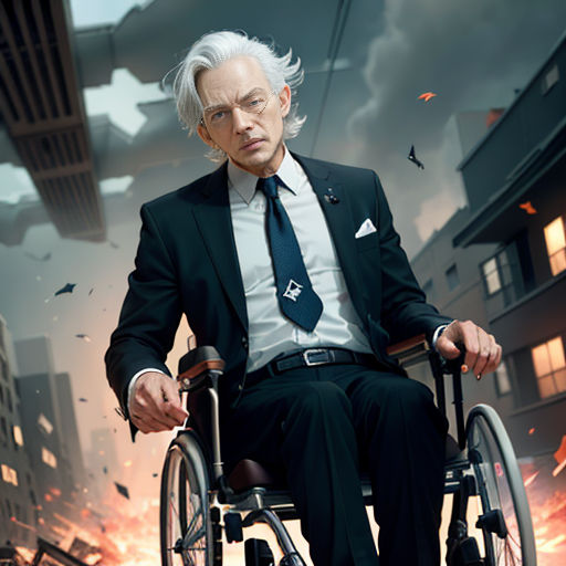 a man in a suit and tie sitting in a wheelchair in a city street with a building in the background