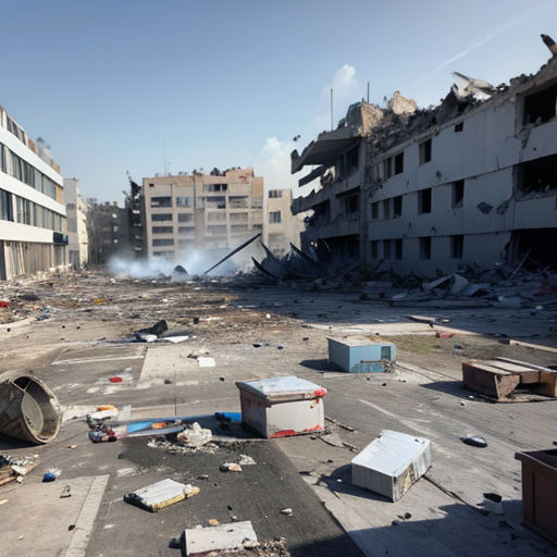 a large building that has a lot of debris in it and a bunch of buildings in the background with a lot of debris on the ground