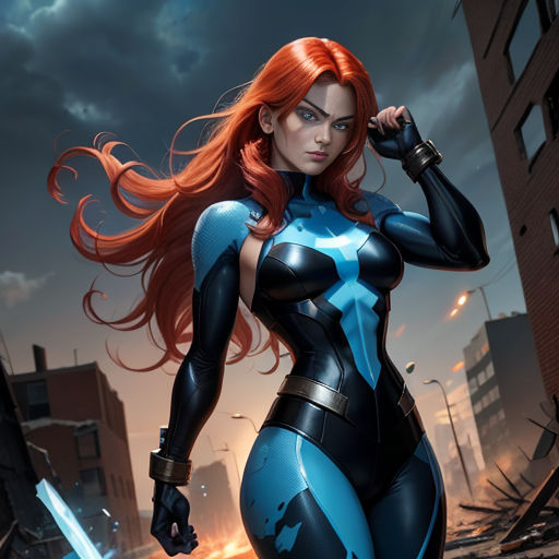 a woman in a blue and black suit with a sword in her hand and a city in the background