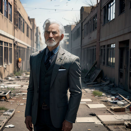 a man in a suit standing in a run down alleyway in a city with a bird flying overhead