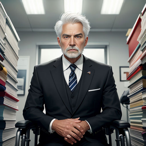 a man in a suit and tie sitting in a chair in front of a stack of books in a room