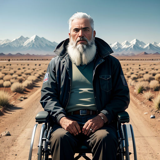 a man in a wheelchair sitting on a dirt road in the desert with mountains in the background and a blue sky