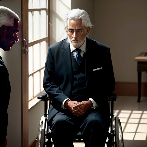 a man in a suit sitting in a wheelchair next to a man in a suit and tie in a room