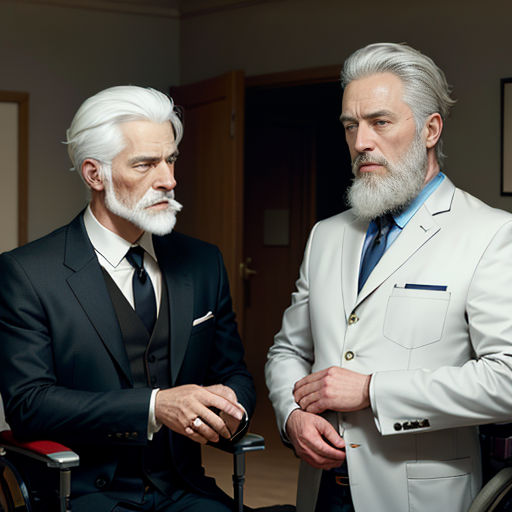 two men in suits standing next to each other in a room with a chair and a door in the background