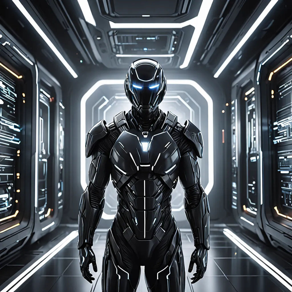 a man in a futuristic suit standing in a tunnel with lights on the ceiling and a helmet on his head, futurism, a computer rendering, Eve Ryder, unreal 5