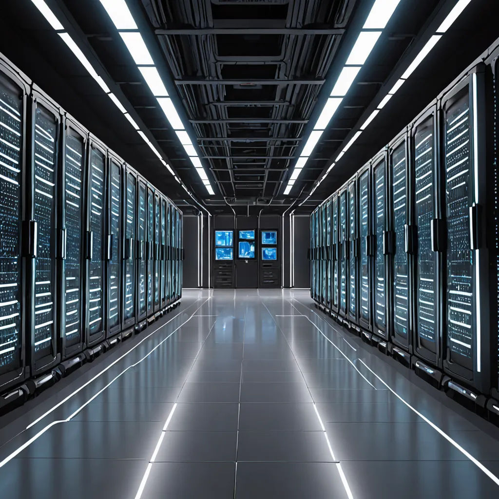 a long hallway with rows of servers in it and a blue window in the middle of the hallway is lit by lights, les automatistes, computer graphics, Andries Stock, raytracing