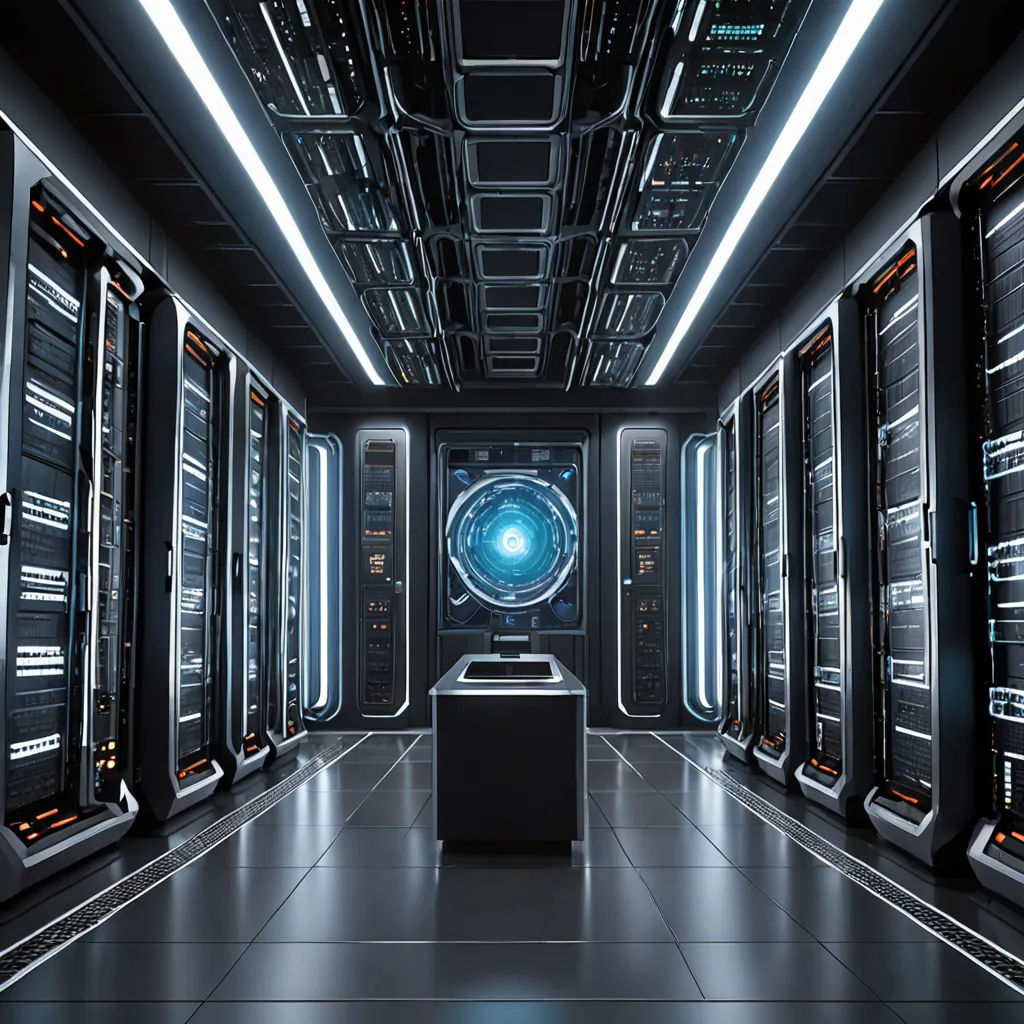 a room with a bunch of servers in it and a big blue light in the middle of the room, computer art, computer graphics, Beeple, raytracing