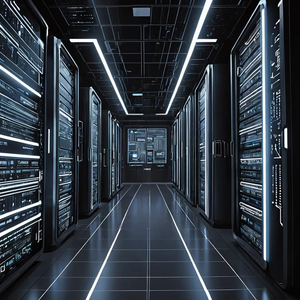 a long hallway with rows of servers in it and a neon light at the end of the hallway is lit up, les automatistes, a computer rendering, Andries Stock, raytracing