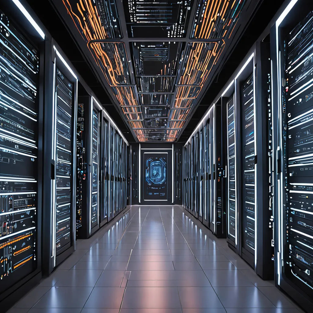 a long hallway with rows of servers in it and a large screen on the wall above it that displays data, les automatistes, a computer rendering, Enguerrand Quarton, raytracing