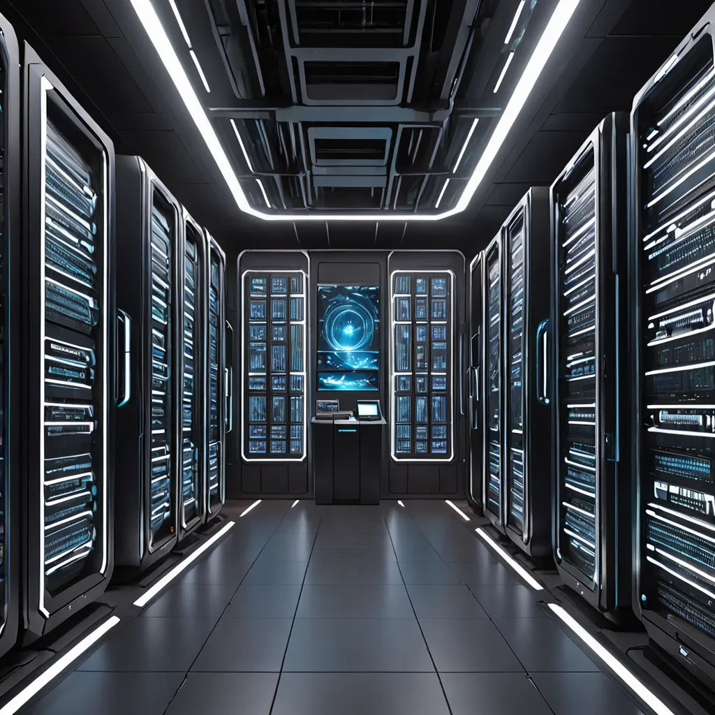 a large room with a bunch of shelves filled with computers and other equipment in it, with a large screen in the middle, computer art, a computer rendering, Andries Stock, cinema 4 d