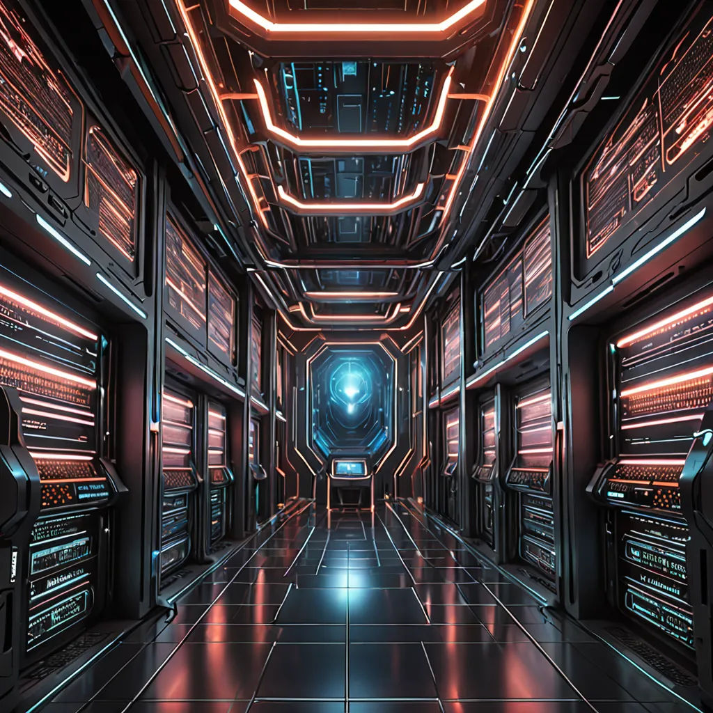 a futuristic looking room with a lot of lights and a tunnel in the middle of it with a clock on the wall, computer art, a computer rendering, David A Hardy, cinema 4 d