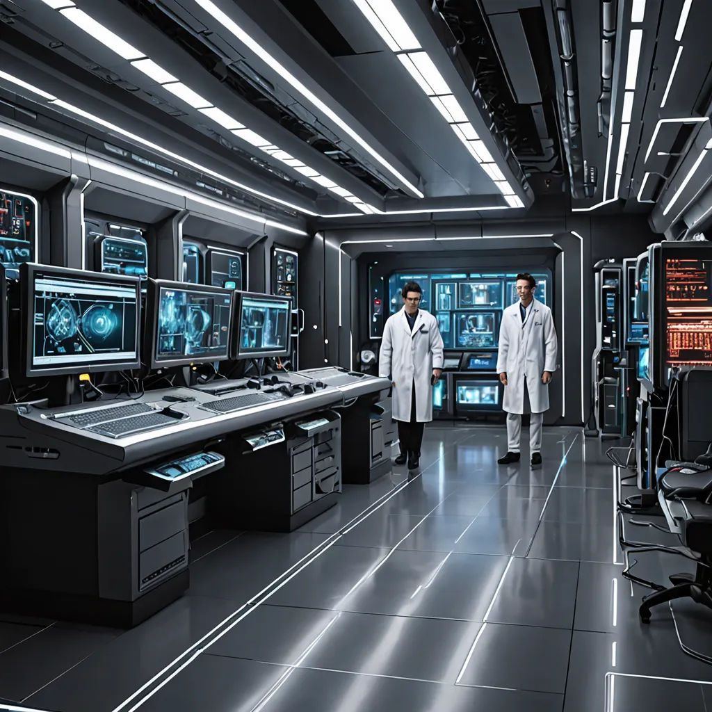 two men in lab coats standing in front of a large display of computer screens and monitors in a room, modular constructivism, a detailed matte painting, Dr. Atl, promotional image