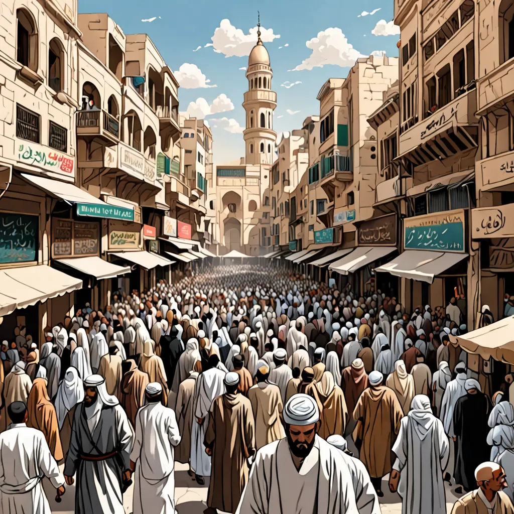 a painting of a crowd of people walking through a city street with a clock tower in the background and a sky with clouds, hurufiyya, a comic book panel, Asaf Hanuka, orientalism