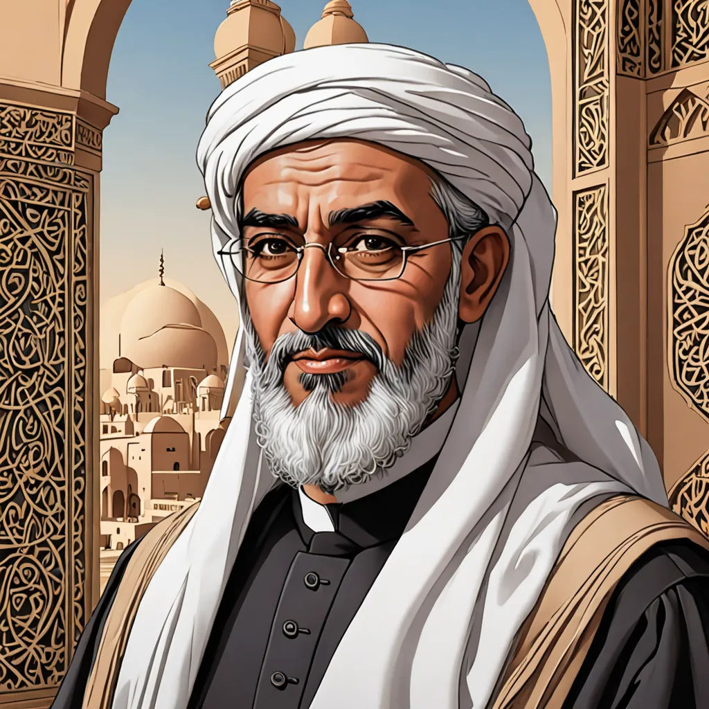 a man with a white beard and glasses in front of a building with a archway and a dome on the side, hurufiyya, a character portrait, Ahmed Karahisari, character portrait