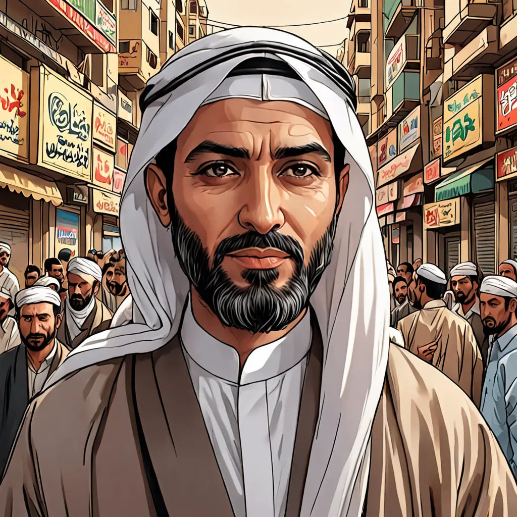 a man in a crowd of people in a city street with a man in a headscarf on his head, hurufiyya, a character portrait, Asaf Hanuka, graphic novel