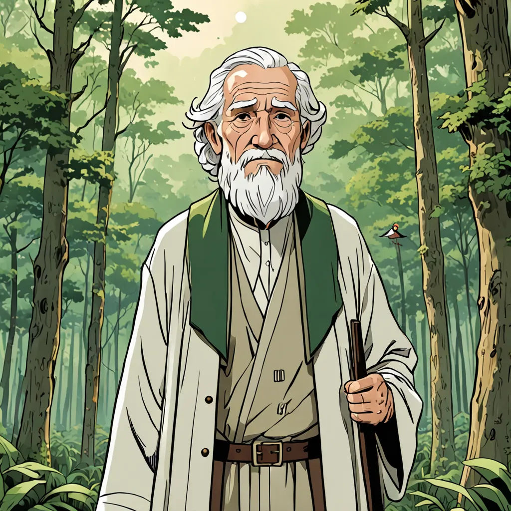 a man with a beard and a white beard in a forest with trees and a bird flying overhead, with a bird in the distance, arts and crafts movement, a character portrait, Asaf Hanuka, official art