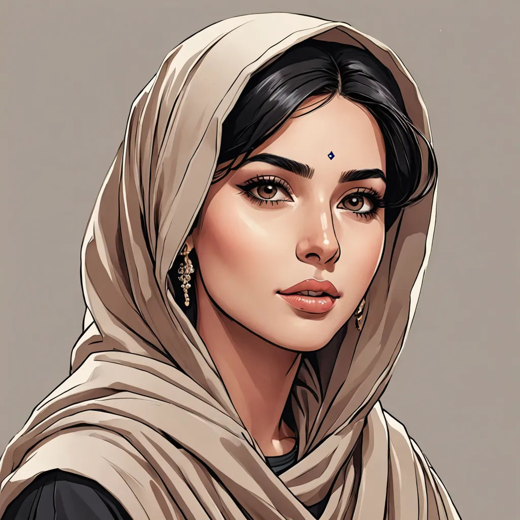 a woman with a scarf on her head and a scarf on her head, with a scarf over her head, qajar art, a character portrait, Charlie Bowater, rpg portrait
