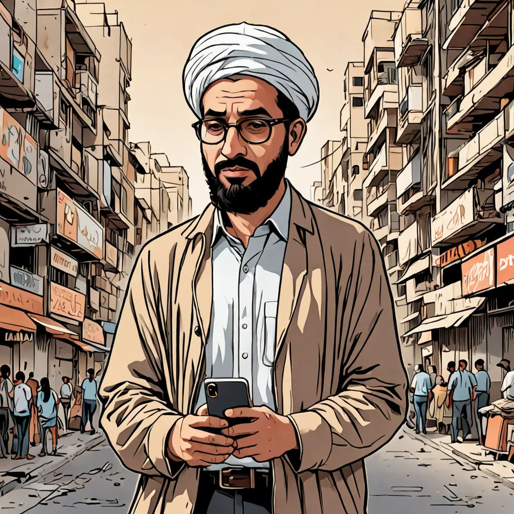 a man in a turban is looking at his cell phone in the street of a city with people, unilalianism, a character portrait, Asaf Hanuka, graphic novel